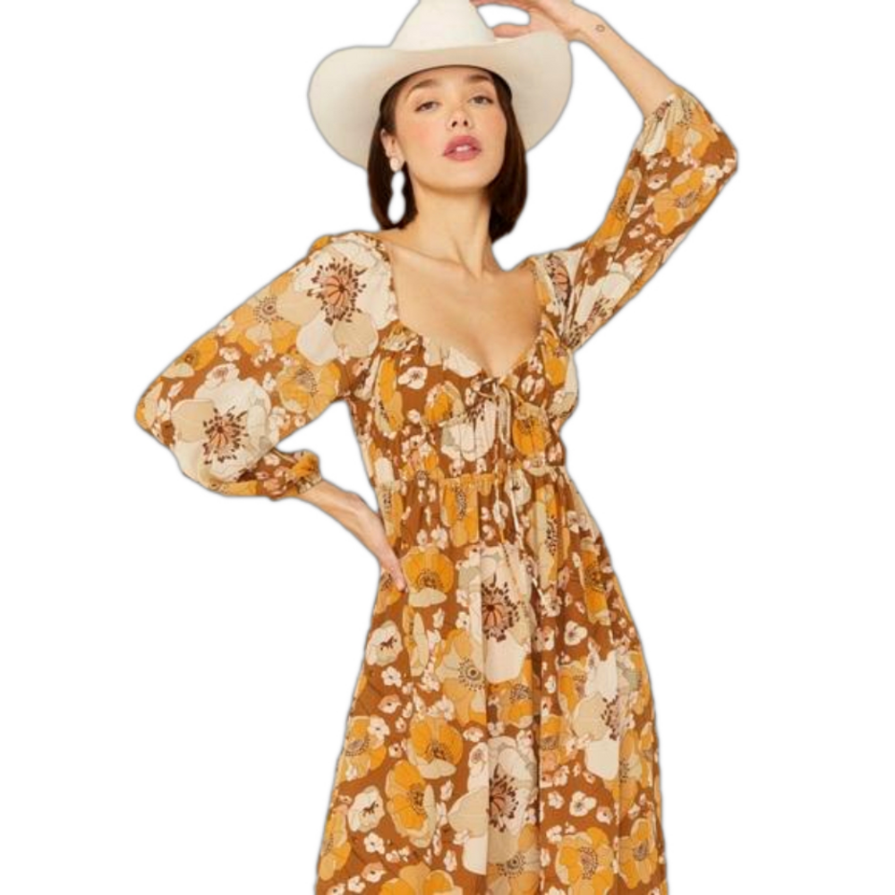 LUSH CARAMEL sweetheart neckline FLORAL PRINT MIDI DRESS NWT size Medium